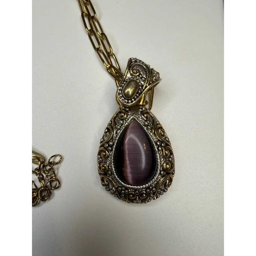 Mixed Metal Purple Cats Eye Teardrop Pendant Necklace Gold Tone Paperclip Chain